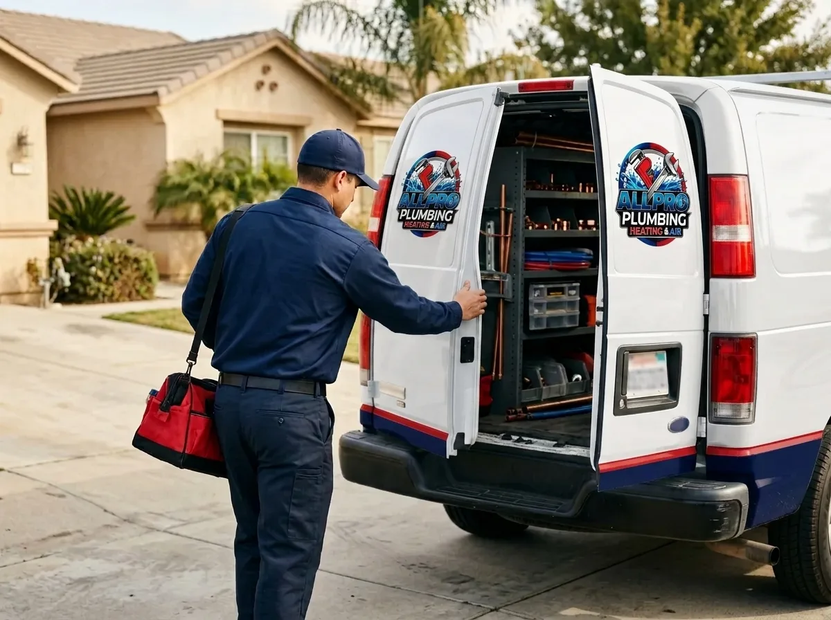 All Pro Plumbing Heating and Air technician loading a branded service van in Bakersfield, CA